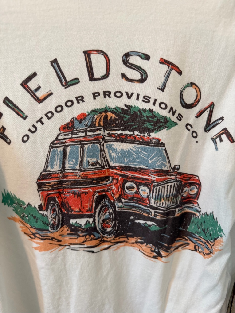 Hanes White Long-Sleeve Graphic Tee with Red Truck and Christmas Tree